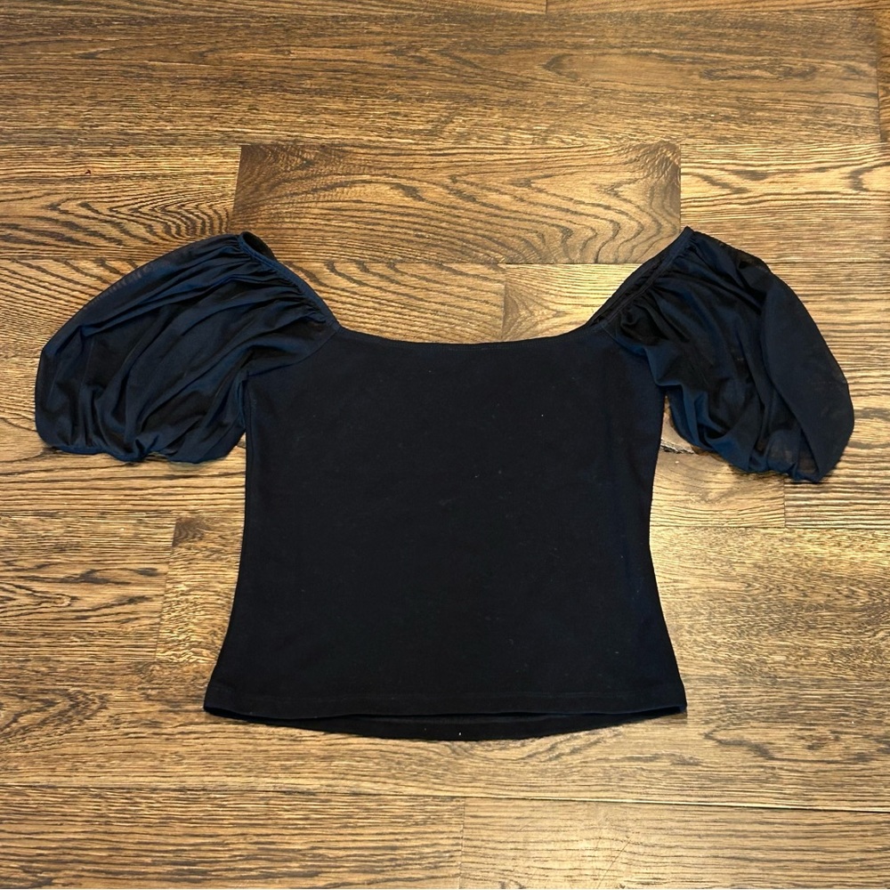 Free People Sheer Puff Sleeve Black Top